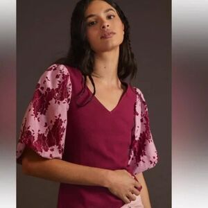 Anthropologie DOLAN Left Coast Lace Puff Sleeve Top Wine Size M